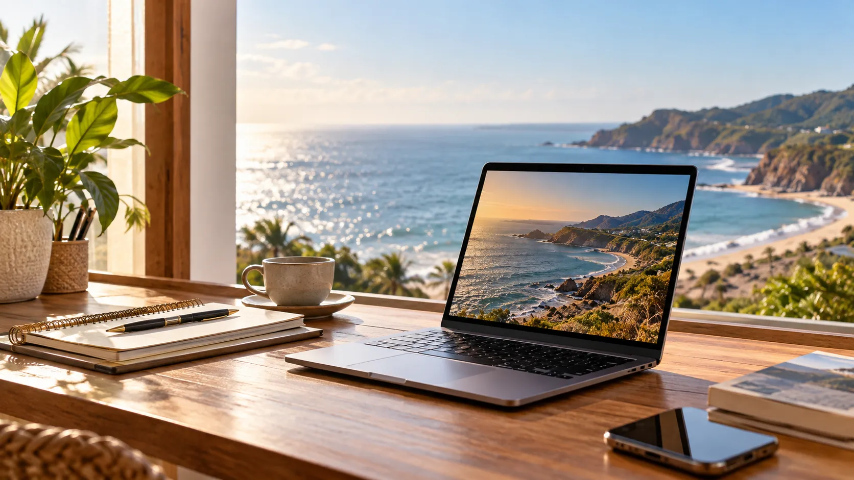 Espacio de trabajo digital con laptop, cuaderno y vista panorámica al mar
